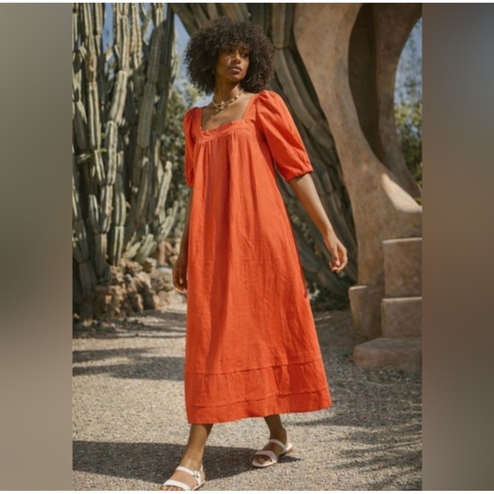 Hunter Bell Waverly Dress Electric Melon Size S Linen Puff Sleeve Midi